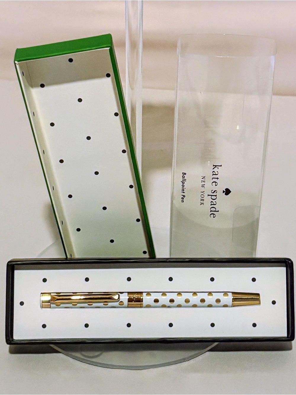 Kate Spade Gold & White Polka Dot Ballpoint Pen w/Box